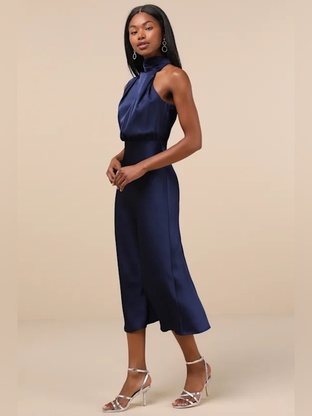 Lulus Distinctive Charm Navy Satin Asymmetrical Midi Dress - Picture 2 of 4